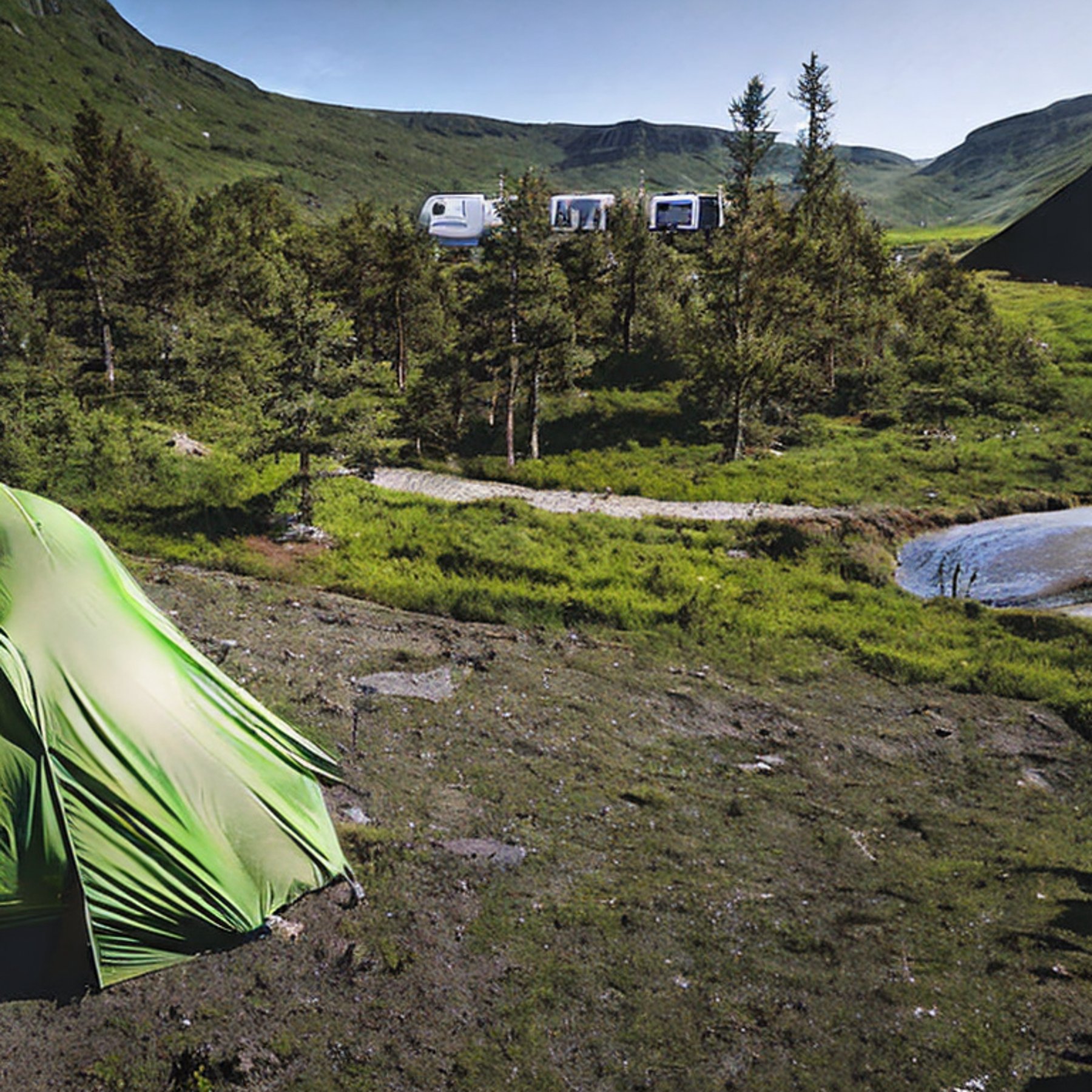 A green tent rests on a sunny dirt campsite in Norway. Small trees, thick bushes, and a clear stream surround the area, while hikers enjoy the peaceful outdoors.