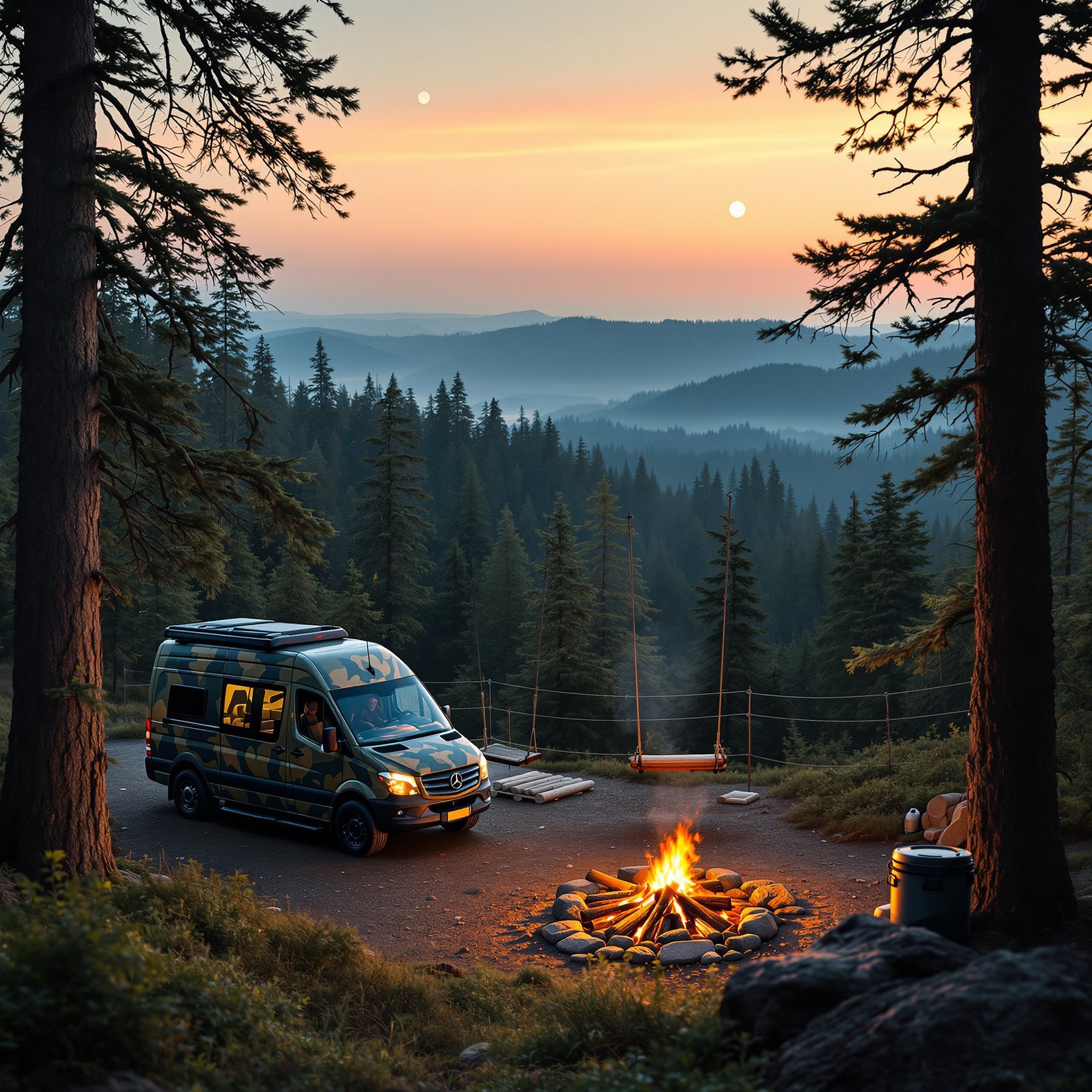 A cozy van sits by a warm campfire in a peaceful forest full of tall pine trees. The sun is setting, filling the sky with soft colors while two bright moons shine above. There’s a fun swing hanging between trees, perfect for enjoying the quiet mountain view.