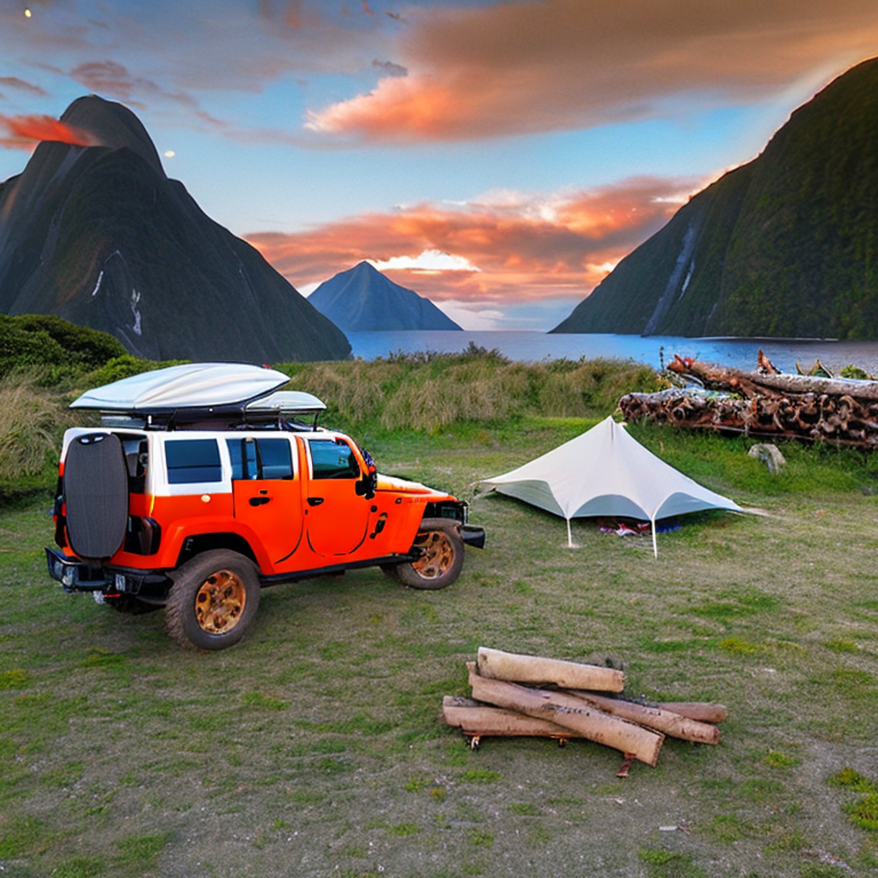 A grey and orange Jeep with a rooftop tent rests beside a warm campfire on a dirt clearing. Golden light shines over the green hills of Milford Sound, while surfers and a pale moon add a playful touch to the peaceful scene.