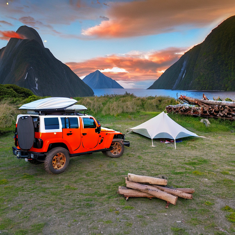 A grey and orange Jeep with a rooftop tent rests beside a warm campfire on a dirt clearing. Golden light shines over the green hills of Milford Sound, while surfers and a pale moon add a playful touch to the peaceful scene.