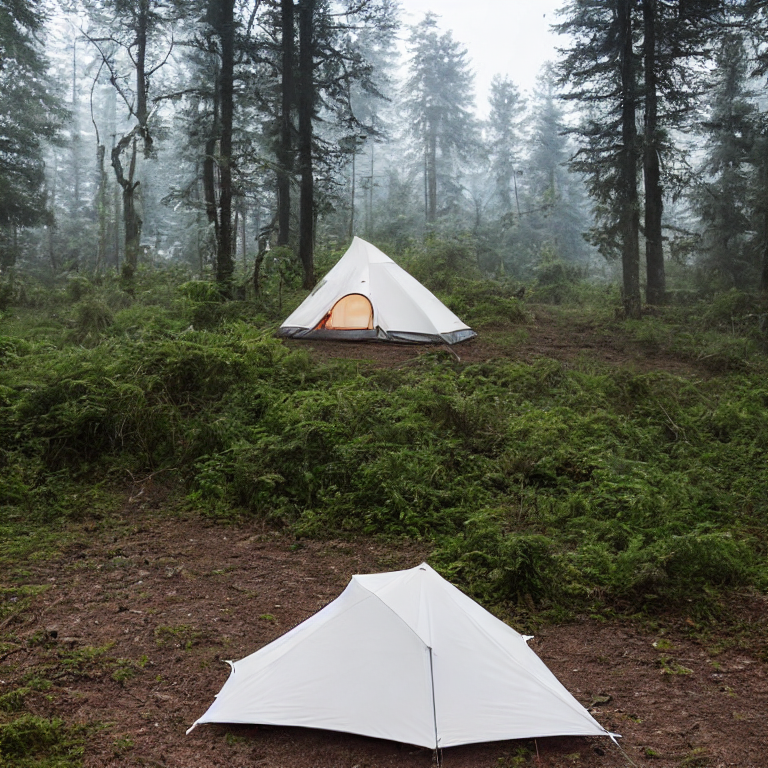 A white two-person tent rests on a quiet dirt campsite beside a misty lake. Small trees and ferns surround the stone-covered ground, creating a peaceful nighttime scene.