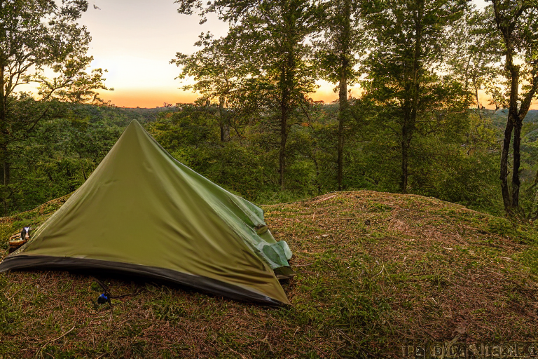A green and tan tent rests on a snowy dirt campsite as the sun sets over the Ozark forest. A hammock hangs between the trees, while a distant camper shines a flashlight near large stone slabs and berry bushes.