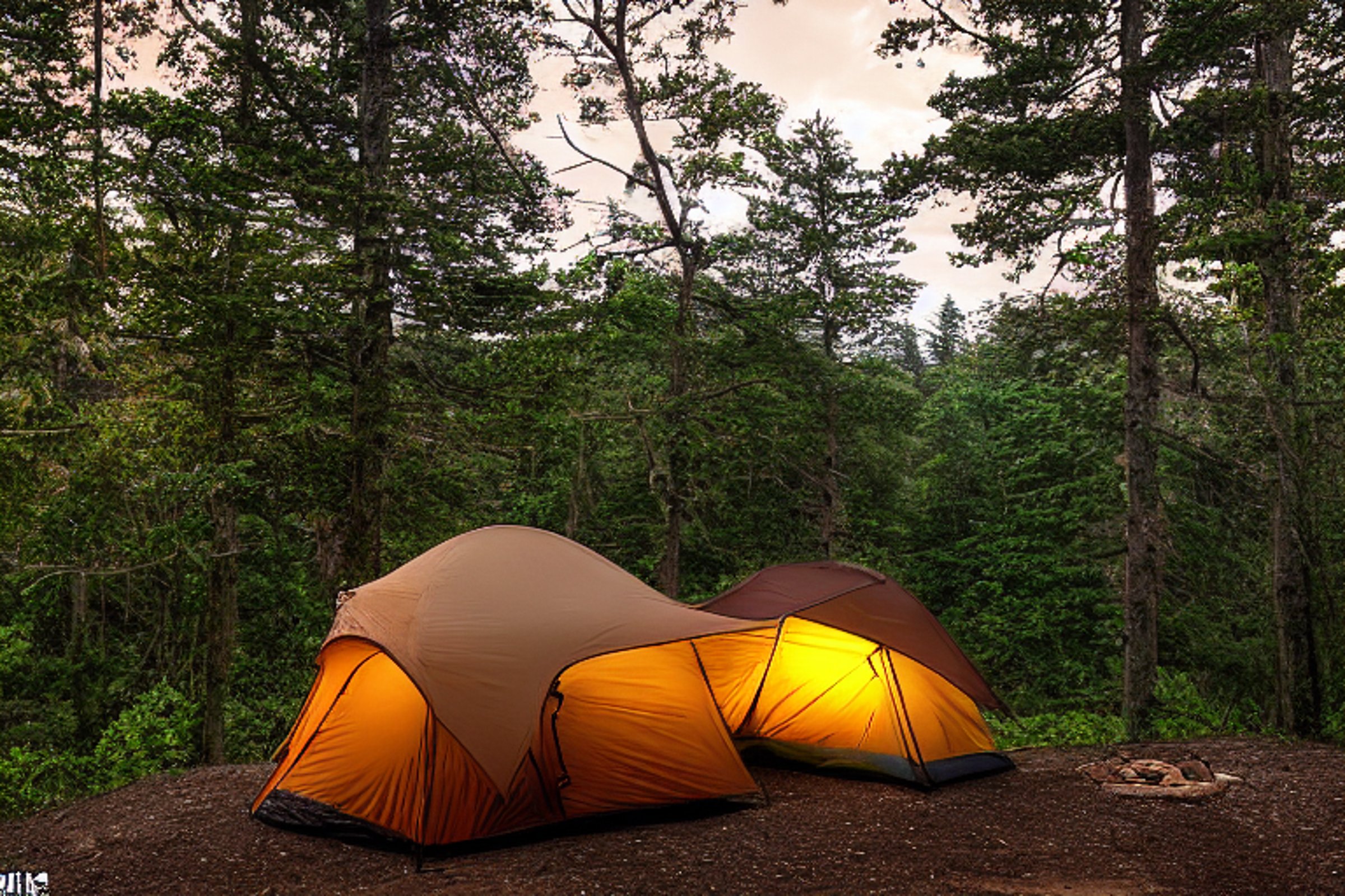 Two cozy brown tents sit beneath tall trees in the Smoky Mountains. A warm campfire glows on the dirt, while sunset colors fill the clear sky. A car, wildflowers, and a distant flashlight add life to this peaceful campsite.