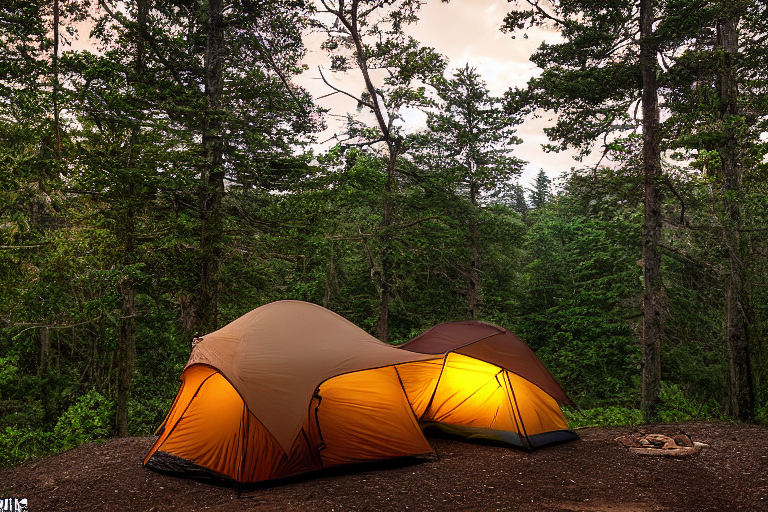 Two cozy brown tents sit beneath tall trees in the Smoky Mountains. A warm campfire glows on the dirt, while sunset colors fill the clear sky. A car, wildflowers, and a distant flashlight add life to this peaceful campsite.