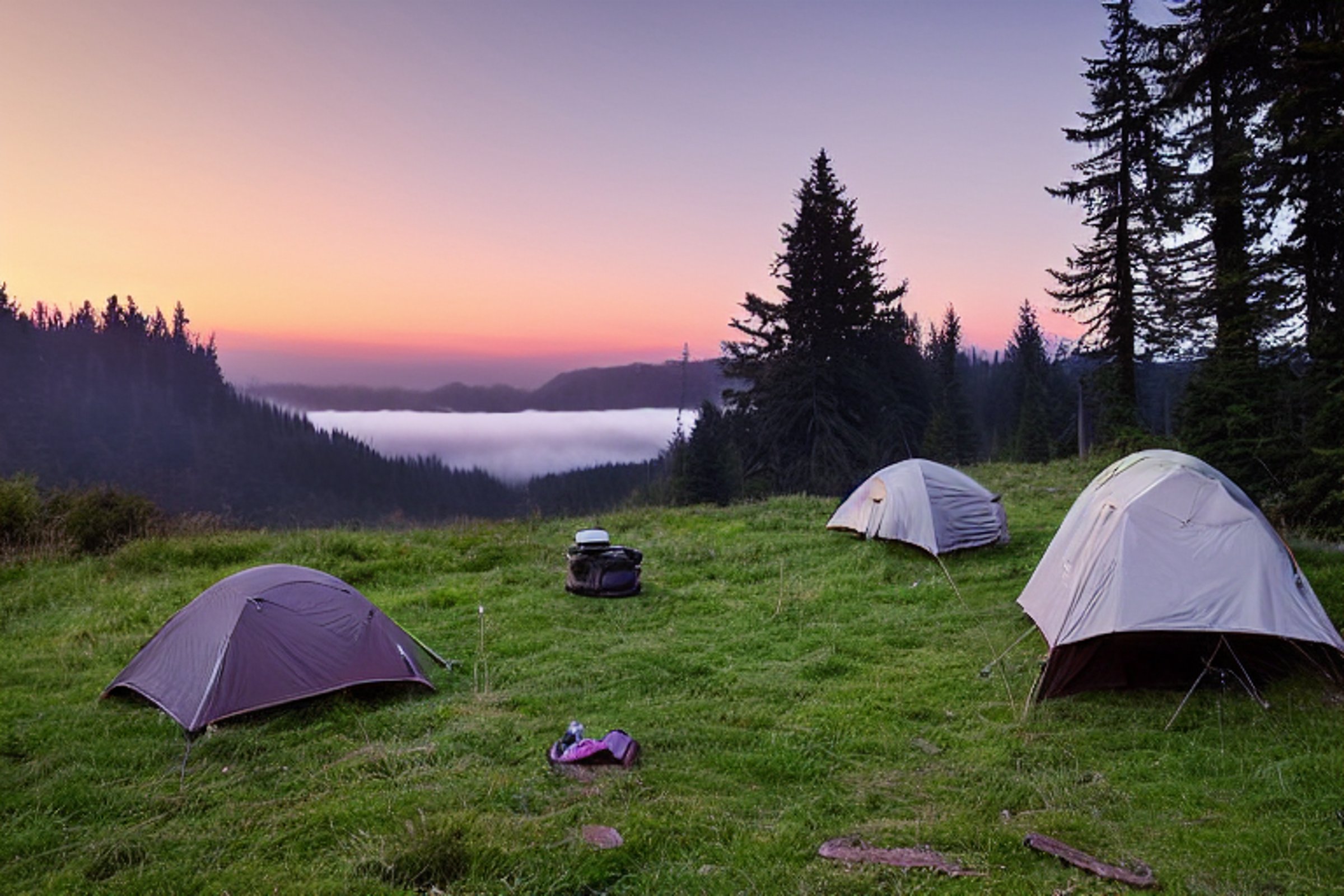 Two brown tents rest on rocky ground as soft fog rolls over the hills of Vancouver Island. A small stove, clothesline, and parking spot add a cozy campsite feel. Sunset light glows through the mist, making the scene calm and peaceful.