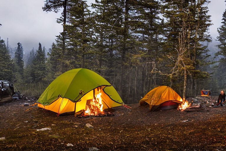 A forest-green tent rests on a paved campsite in the Smoky Mountains. Snowy fall trees glow beneath the colorful northern lights, while a warm campfire crackles inside a ring of stones.