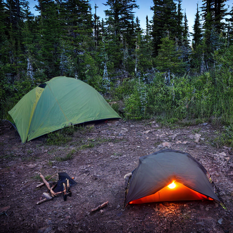 A black tent glows softly beside a warm campfire in the quiet woods of Isle Royale National Park. Hikers relax nearby, surrounded by tall bushes and a small dirt clearing. A twig rests on the ground under the starry night sky.