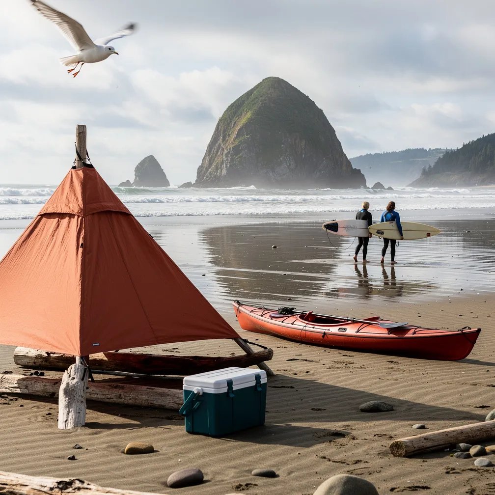 A cozy terracotta tent sits on firm sand near driftwood, with the ocean rolling in close by. Wet sand shines like a mirror under soft, cloudy daylight, and Haystack Rock stands far out in the water. A cooler and a sea kayak wait by the tent while surfers stroll along the shore and a seabird glides overhead.