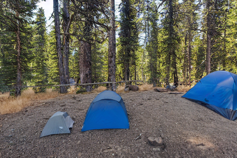 A gray-blue tent rests among tall trees in a snowy Colorado campsite. Camping chairs gather around a warm campfire beside a large log, with gravel and dirt patches underfoot.