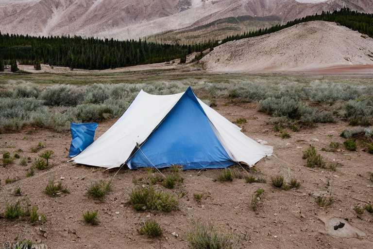 A gray and blue tent rests on a dirt campsite beneath the glowing northern lights. Mountains and large bushes surround the rough, rainy landscape, while a wooden guitar lies nearby.