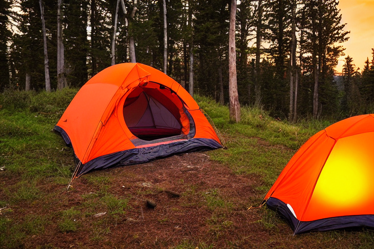 An orange tent sits on a mountain campsite as rain falls beneath tall trees. A warm campfire glows beside a box of gear, while a wooden guitar rests in the tall grass. Sunset colors shine through the cool, misty air.
