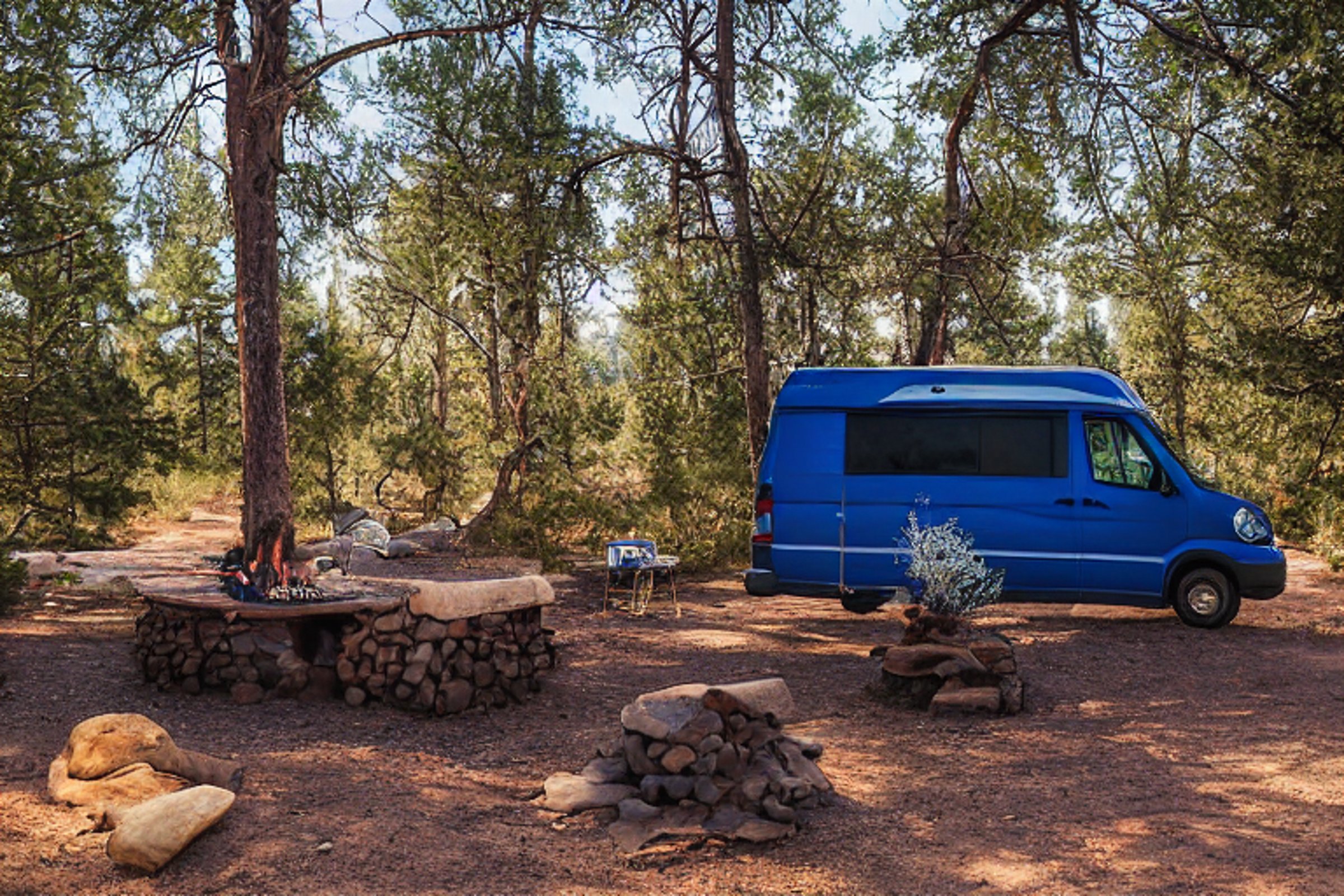 A blue camper van rests on a rocky patch in the New Mexico desert. A warm campfire glows at the center, surrounded by logs, dusty ground, and small ferns. The quiet dusk sky gives the campsite a peaceful, sunny feel.
