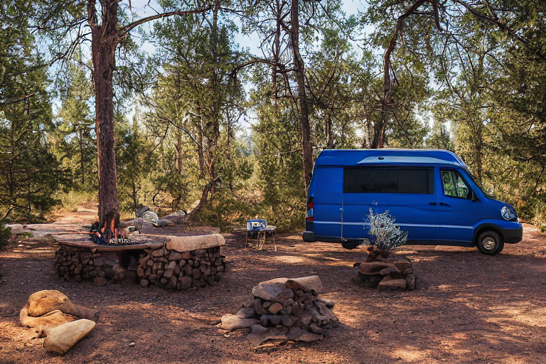 A blue camper van rests on a rocky patch in the New Mexico desert. A warm campfire glows at the center, surrounded by logs, dusty ground, and small ferns. The quiet dusk sky gives the campsite a peaceful, sunny feel.