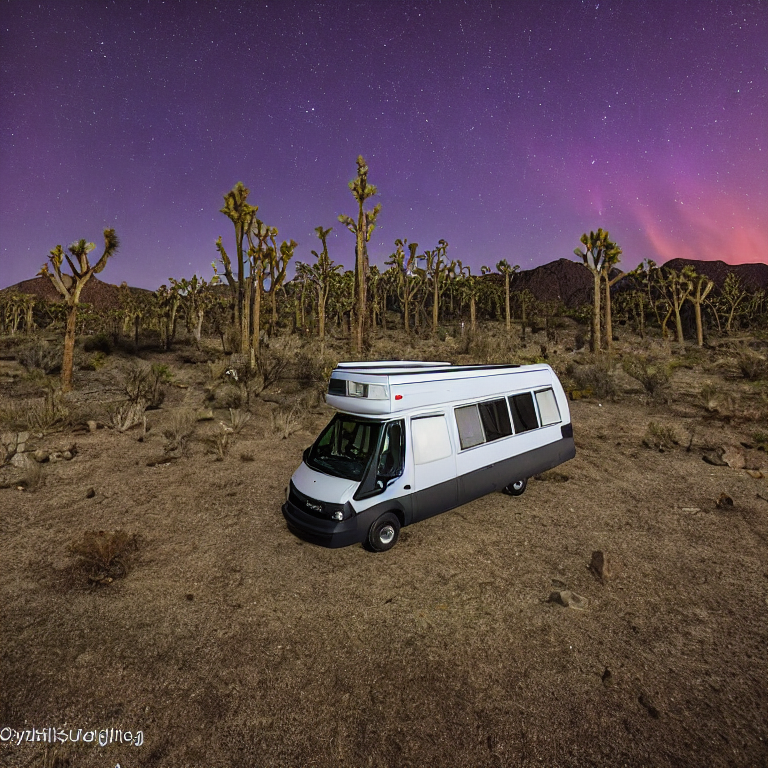 A black camper van rests on a quiet dirt campsite beneath glowing green northern lights. Mossy trees frame the scene, while camping chairs sit nearby and a deer watches from the distance.