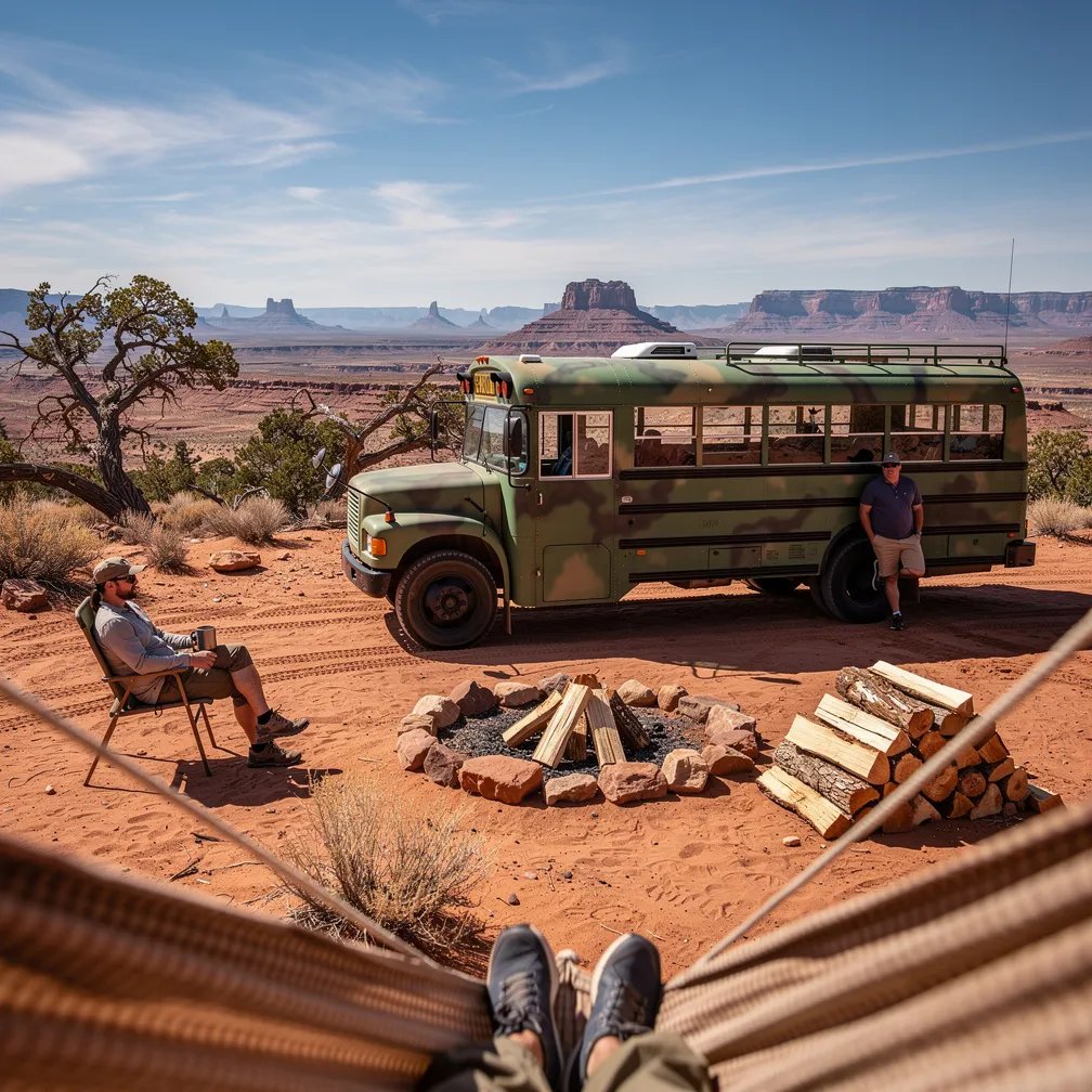 A green camo bus sits on warm red sand in a wide desert canyon, with juniper and sagebrush all around. Two campers rest nearby beside a small stone fire ring and a neat stack of firewood. From a hammock view, the land rolls out to distant mesas under a bright blue sky, shimmering in the heat.