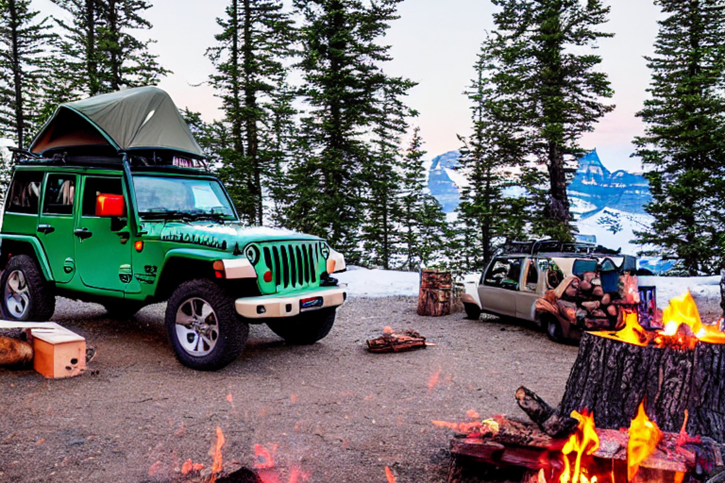 A green camo Jeep with a rooftop tent rests in a snowy campsite in Glacier National Park. A warm campfire glows on the rough, rocky ground, with a wooden guitar nearby. The setting sun and distant moon create a peaceful evening mood.