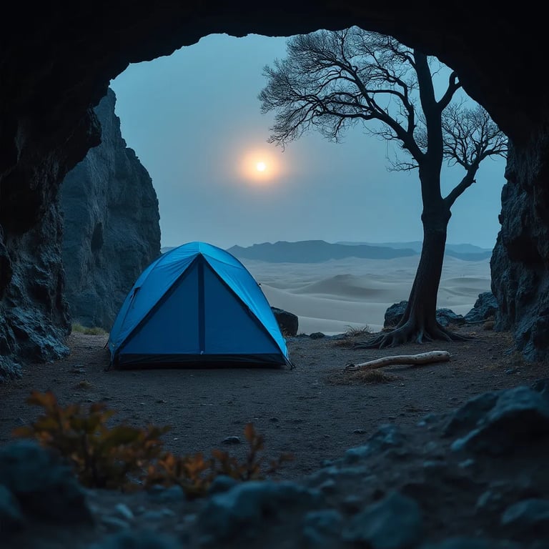 A blue dome tent rests on rough ground beneath a bright full moon in Iceland. Seen from a cave entrance, the quiet campsite is wrapped in mist, with sand dunes drifting in the distance. A tiny spider web hangs between two trees nearby.