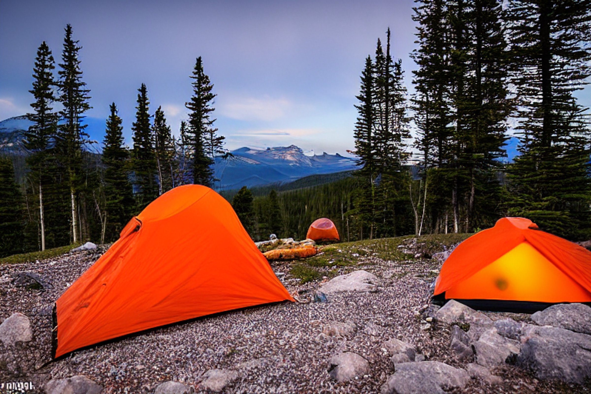 An orange tent rests beside a stone-ringed campfire beneath bright northern lights. Rolling hills, large boulders, and a quiet deer make the Montana campsite feel peaceful and wild.