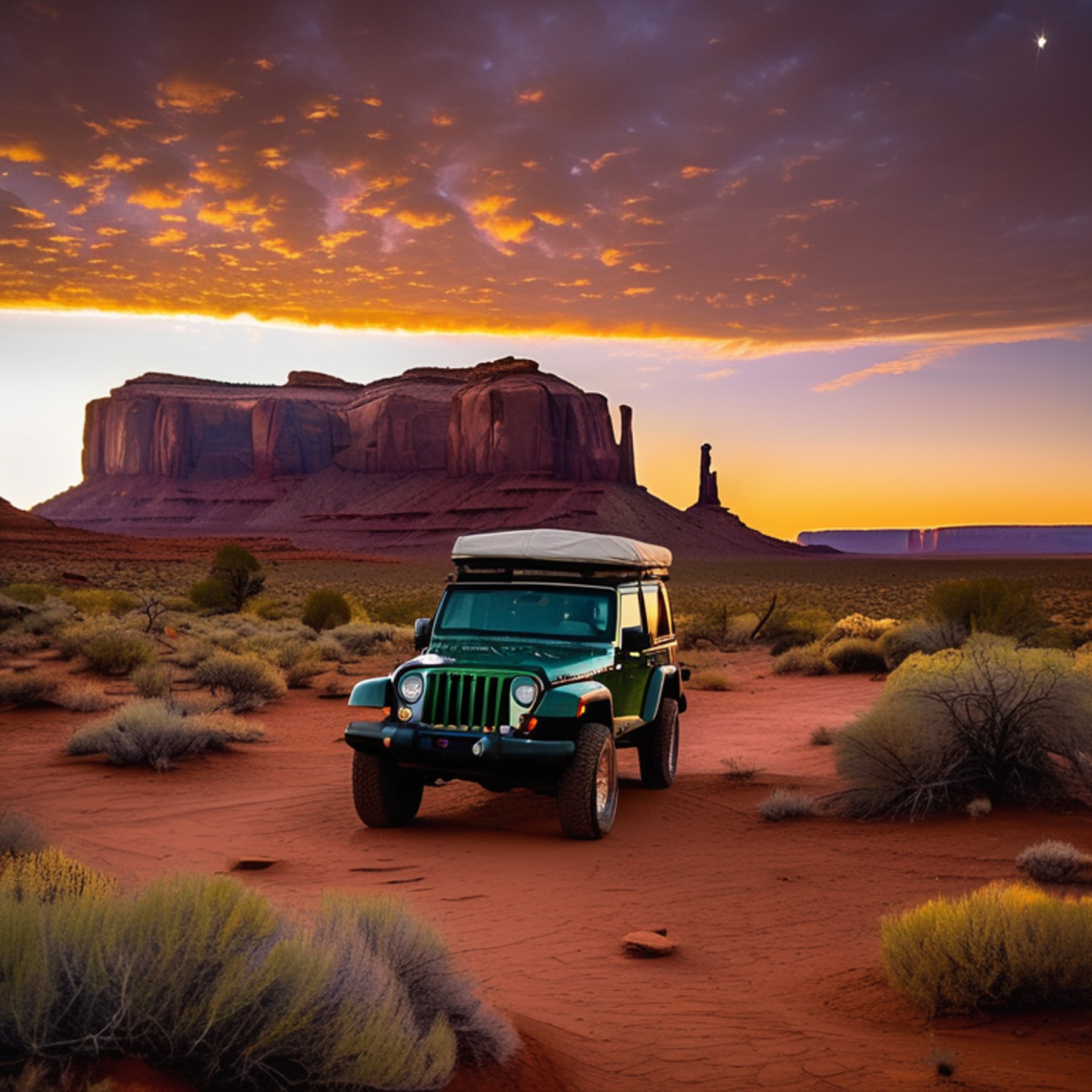 A forest green Jeep with an open rooftop tent rests at a dirt campsite in Monument Valley. Tall trees, wildflowers, and red mountains glow in the warm sunset light, while a distant camper shines a flashlight.