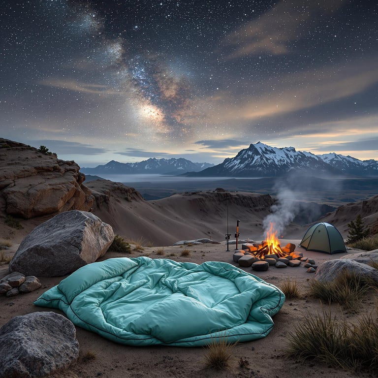 Under a sky full of twinkling stars, a cozy campfire crackles beside a blue tent, surrounded by rocky hills and majestic mountains. The soft glow lights up a comfy sleeping area, perfect for a night under the swirling Milky Way. It's a magical spot for a peaceful, starry adventure in nature.
