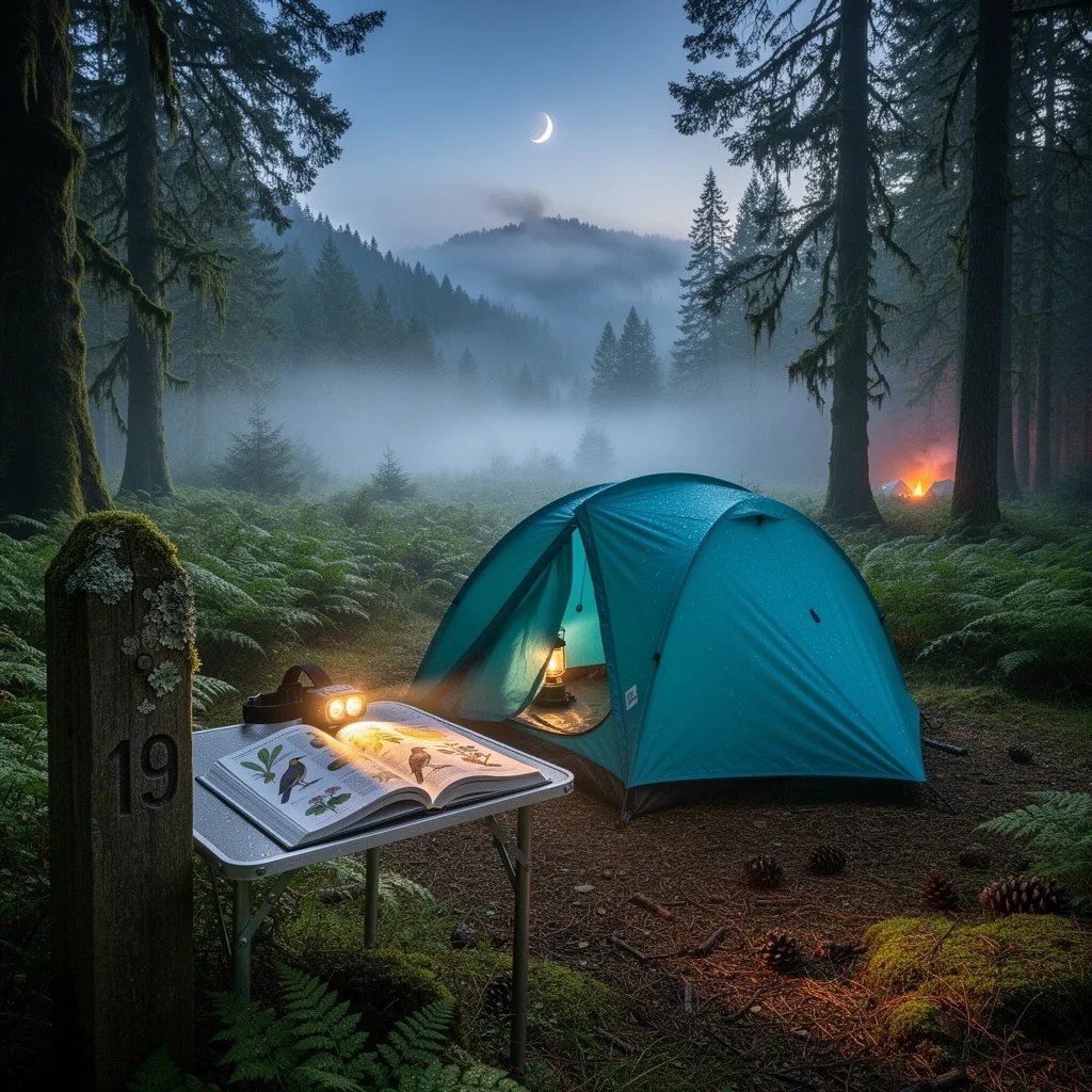 A teal bivy sack rests at campsite 19 in a misty, blue evening forest, wrapped in soft fog and mossy trees. A tiny camp table holds an open book and headlamp, while a faint orange glow from another campfire shines through the distant trees under a thin crescent moon.