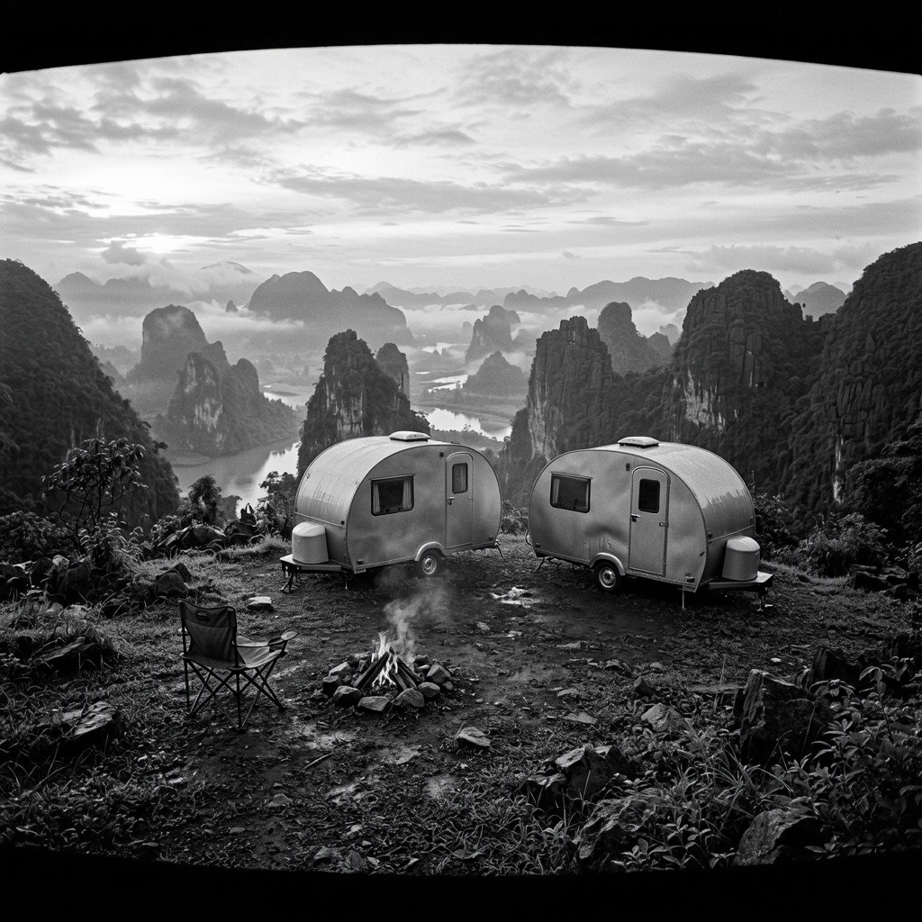 Two small trailers sit on a rocky ridge, seen from across the campsite. Smoke rises from a fire beside an empty chair, with limestone peaks beyond.