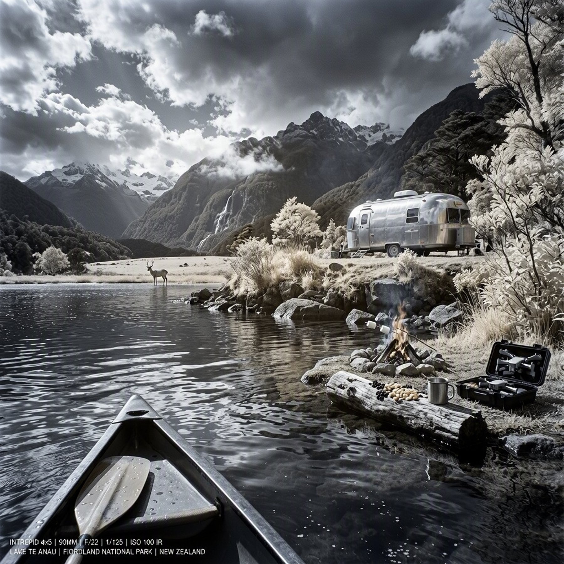 A quiet campsite rests on a grassy bluff above a shining lake, with rugged forested mountains rising beyond it. A copper trailer, small campfire, and weathered log create a cozy welcome. Storm clouds part for bright sunlight, while a deer stands in the distant meadow.