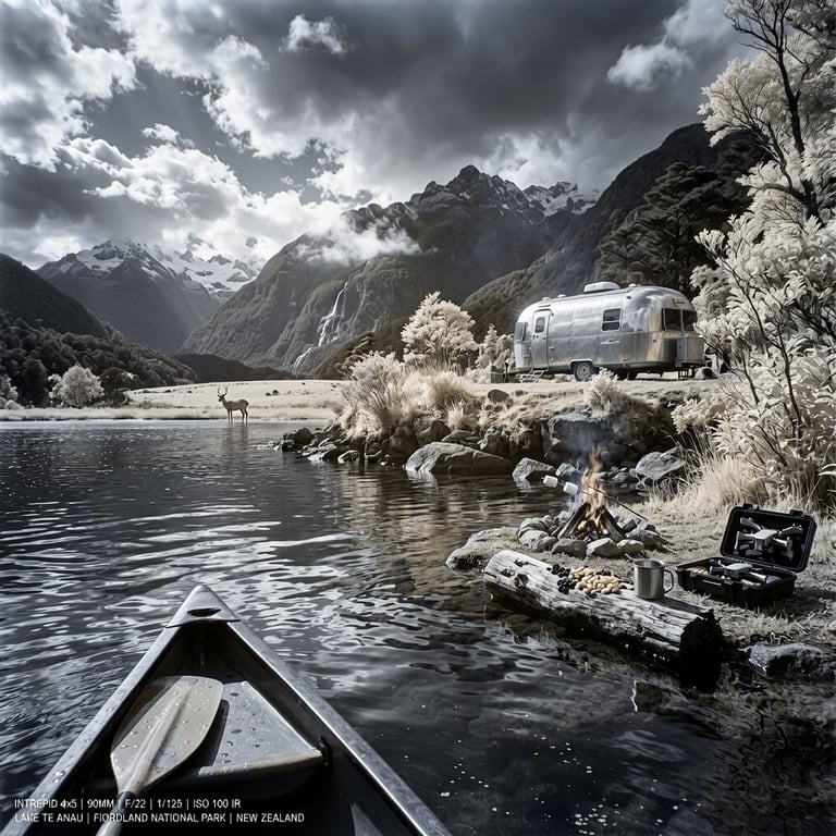 A quiet campsite rests on a grassy bluff above a shining lake, with rugged forested mountains rising beyond it. A copper trailer, small campfire, and weathered log create a cozy welcome. Storm clouds part for bright sunlight, while a deer stands in the distant meadow.
