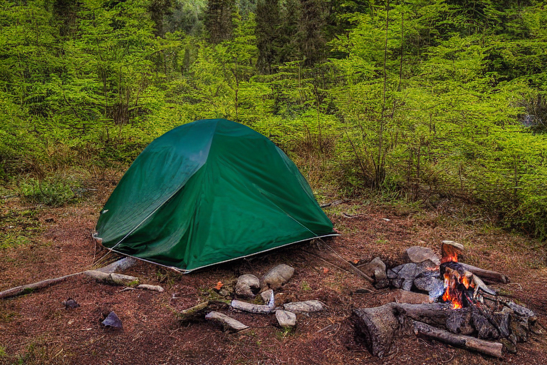 A green tent rests on a quiet paved campsite beside a misty creek. A warm campfire glows near a large log, with bushes and stone slabs all around. In the distance, a mountain rises through the fog.