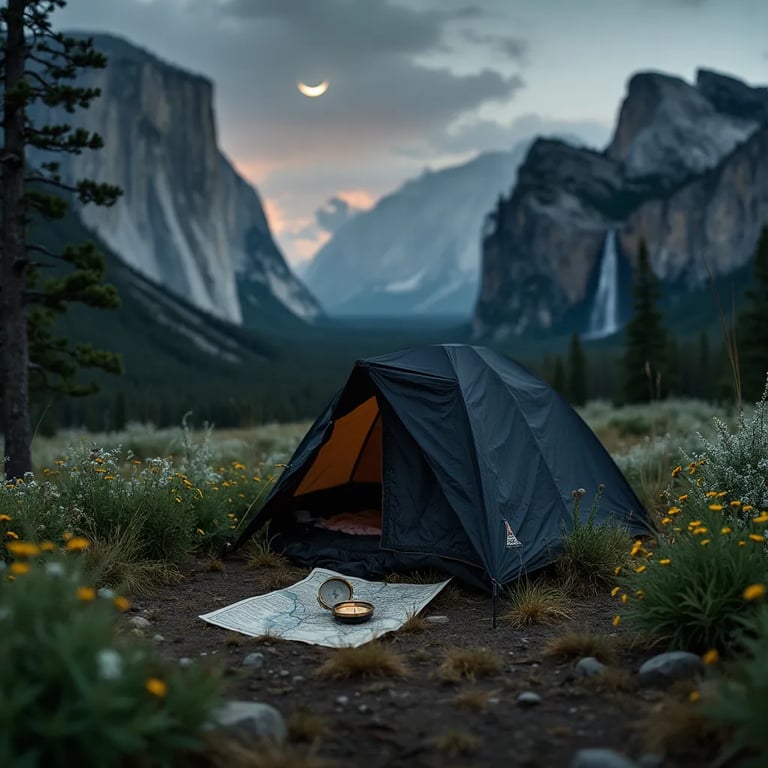 A black tent rests in a wild meadow beneath a thin crescent moon. Tall grass, ferns, and bright wildflowers surround the rocky campsite, while hail falls softly. Seen behind a waterfall, a map and compass sit near the tent.