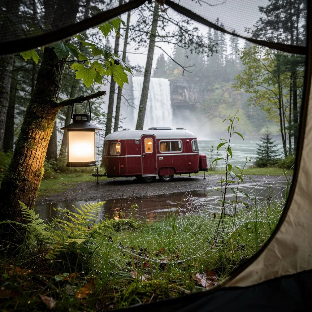 A rust-red vintage caravan sits in a quiet forest clearing by a river. Cool mist drifts between mossy trees, and the grass and ferns sparkle with fresh dew. A small solar lantern glows softly from a branch, making the campsite feel calm and cozy.