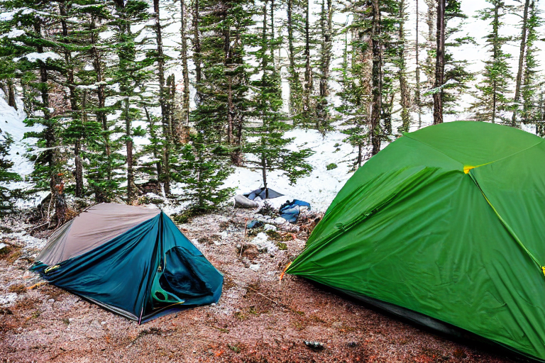 A cozy green tent sits beside a warm campfire in a snowy forest. Bright northern lights dance above the trees, while a small stream, berry bushes, and a winding hiking path add to the peaceful scene. Camping chairs and a clothesline make the campsite feel ready for adventure.