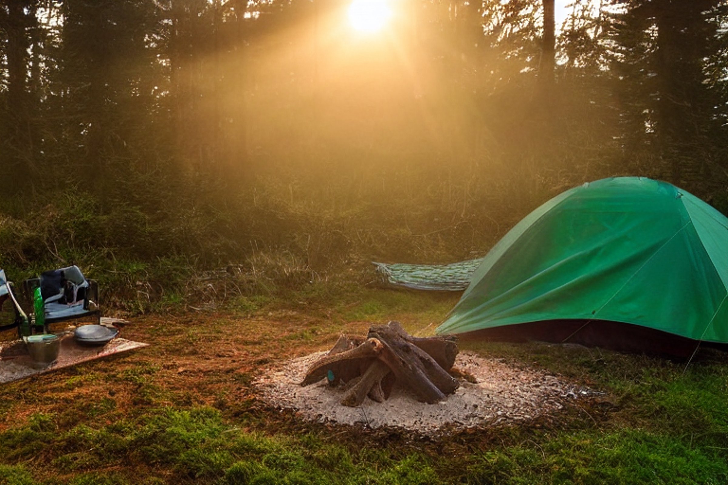 A green tent rests on a rough dirt campsite near Cannon Beach. A warm campfire glows beside a large log and a small lantern. In the cloudy golden light, a deer stands quietly in the distance.