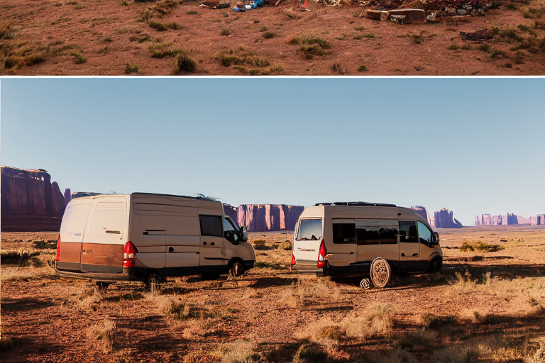 A cozy camper van rests on a rough dirt patch beneath the golden sky of Monument Valley. Tall grass, a large rock, and red cliffs surround the campsite, while a stone-ringed campfire invites you to relax.