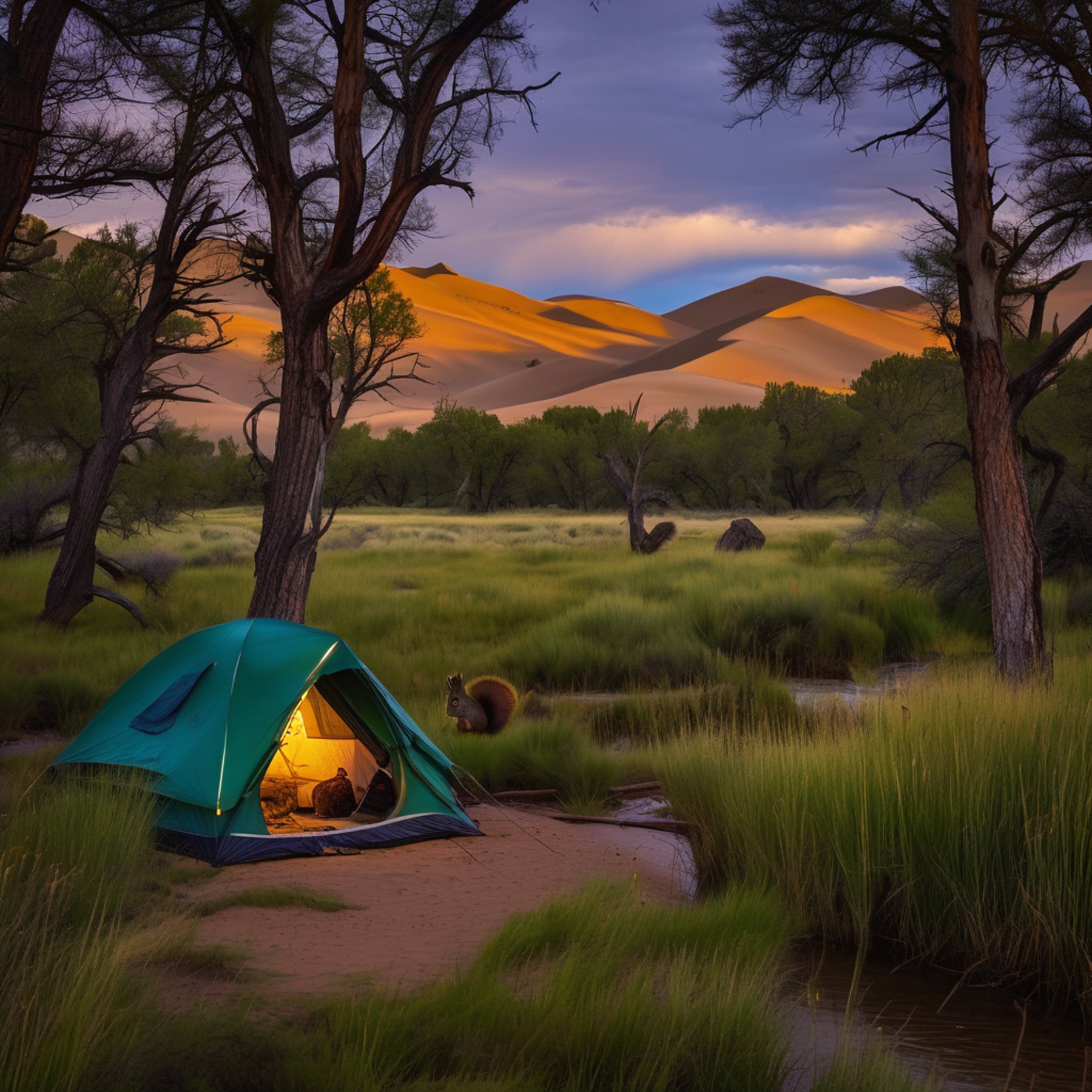 A forest-green tent rests among tall, dewy grass at Great Sand Dunes National Park. A small stream winds through the campsite, while a solar lantern hangs from a tree and a squirrel dashes by in the cool, windy blue-hour light.