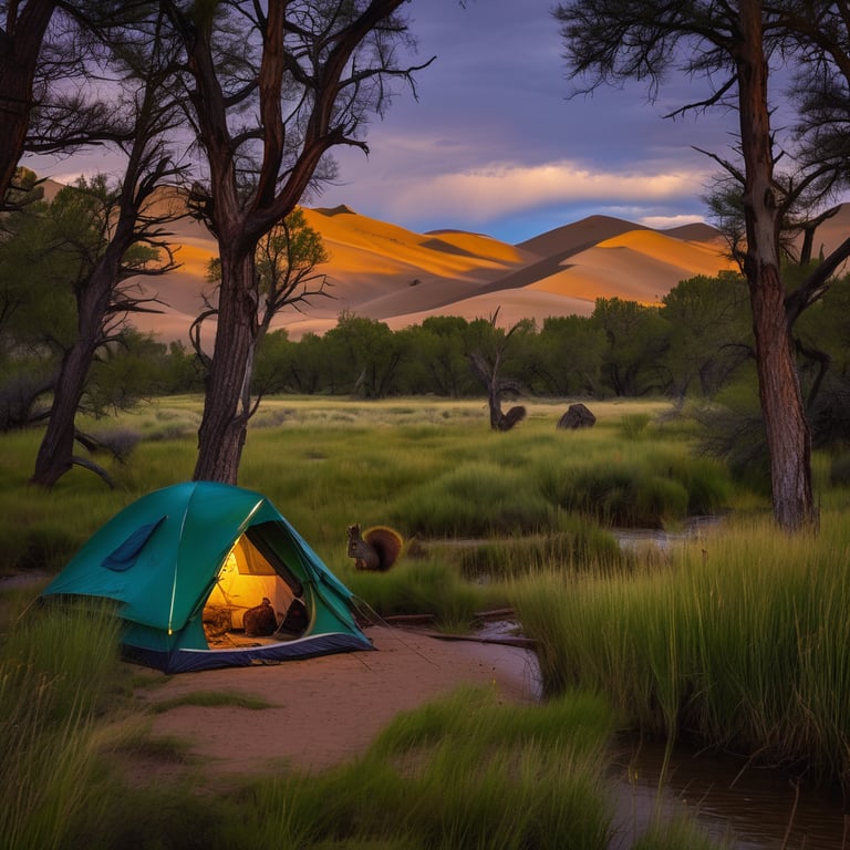 A forest-green tent rests among tall, dewy grass at Great Sand Dunes National Park. A small stream winds through the campsite, while a solar lantern hangs from a tree and a squirrel dashes by in the cool, windy blue-hour light.