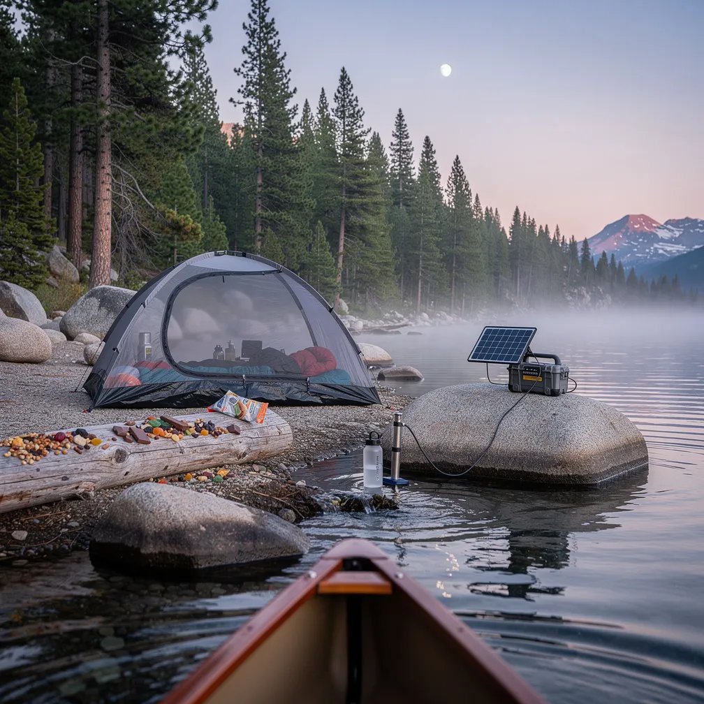 A calm alpine lake glows at dawn, with mist drifting over the water and tall pine trees behind the shore. A dark gray bubble tent sits by big granite rocks, catching the cool morning light. Nearby, a small solar panel rests on a rock, and a tiny stream trickles past a water filter. A fading moon hangs in the pale sky as a canoe quietly glides toward camp.
