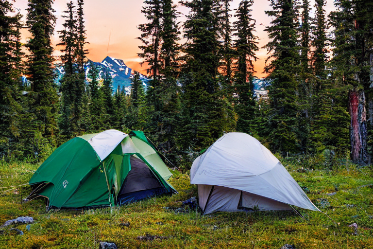 A green tent rests on a paved campsite in the wild Alaskan landscape. Leaves and stone gravel surround the dirt ground, while a box of camping gear sits nearby. Soft sunset light shines through cloudy skies, with the moon rising in the distance.