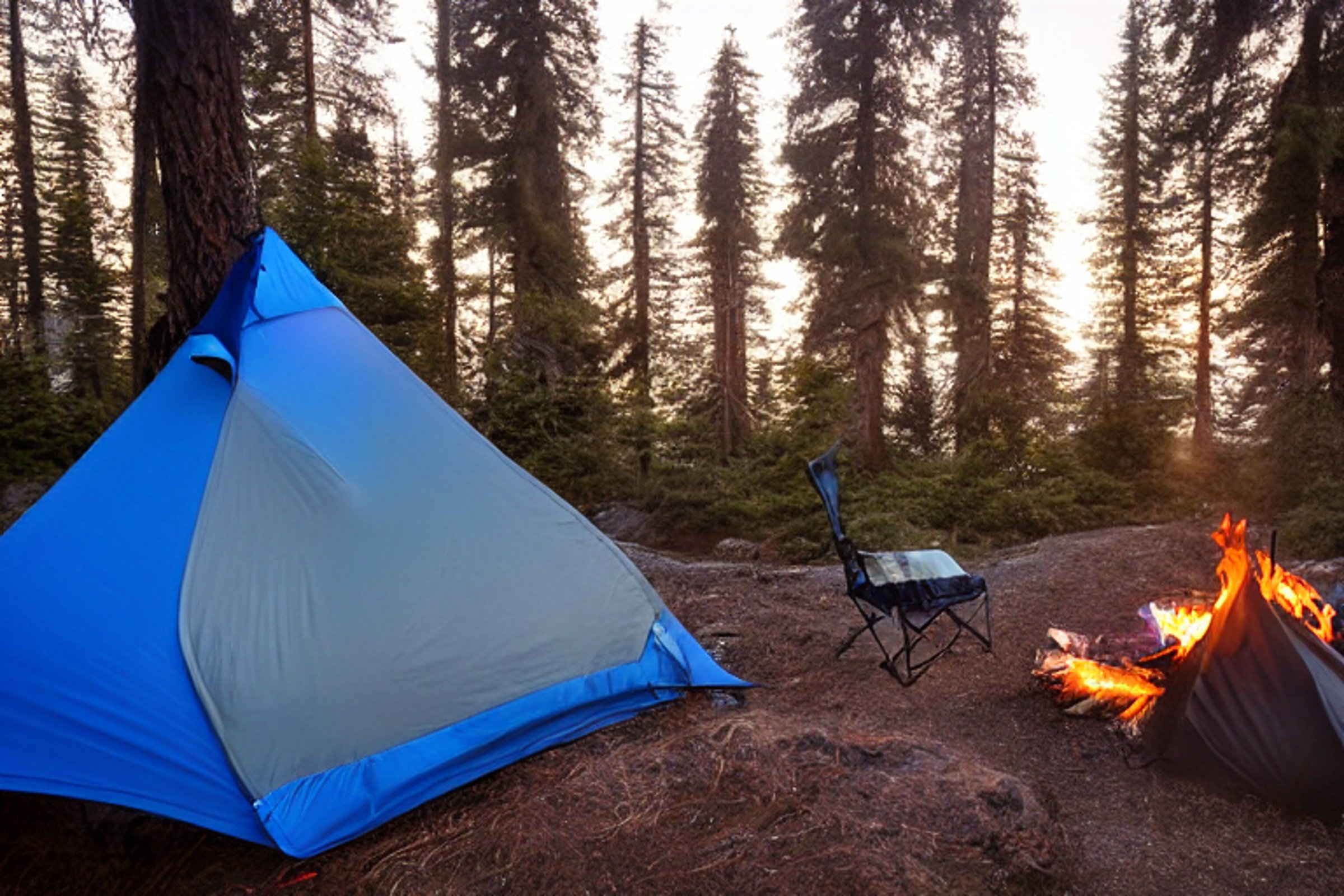 Three blue tents rest beside a glowing campfire on the foggy California coast. Deer wander near the hiking path as the sunrise paints the sky with soft light.