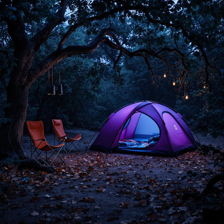 A purple tent looks out over a quiet petrified forest at night. Leaves cover the ground, with animal tracks in the dirt and binoculars hanging from a nearby branch. Camping chairs wait in the warm, humid air.