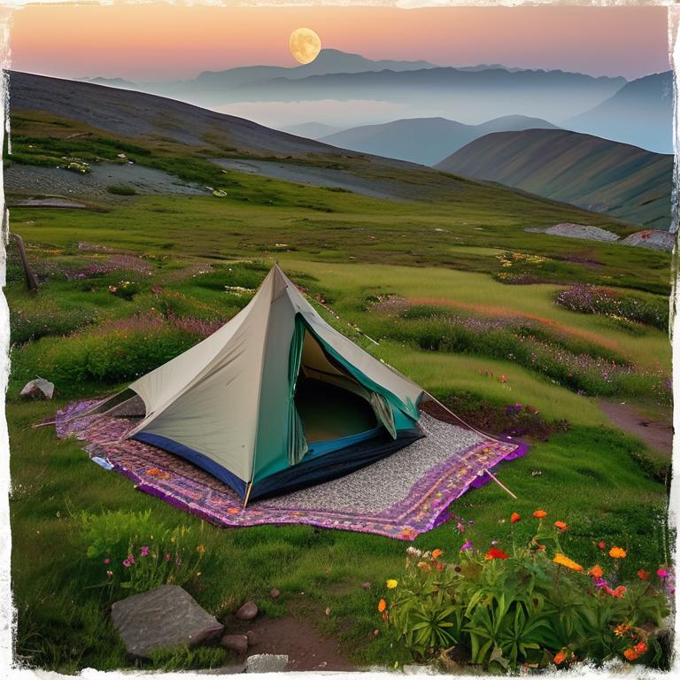 A green and tan tent rests in a flower-filled campsite as the sun sets over the valley. A wooden guitar lies nearby, with stone patches underfoot and a pale moon rising in the clear sky.