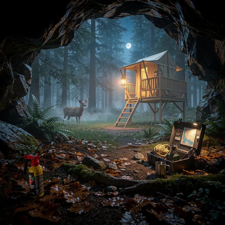 A cool, misty forest campsite glows softly under blue moonlight. From the mouth of a small cave, you can see wet leaves and moss shining on the ground. A tan treehouse-style shelter sits in a quiet clearing with camping gear nearby, while a deer stands still in the foggy distance.