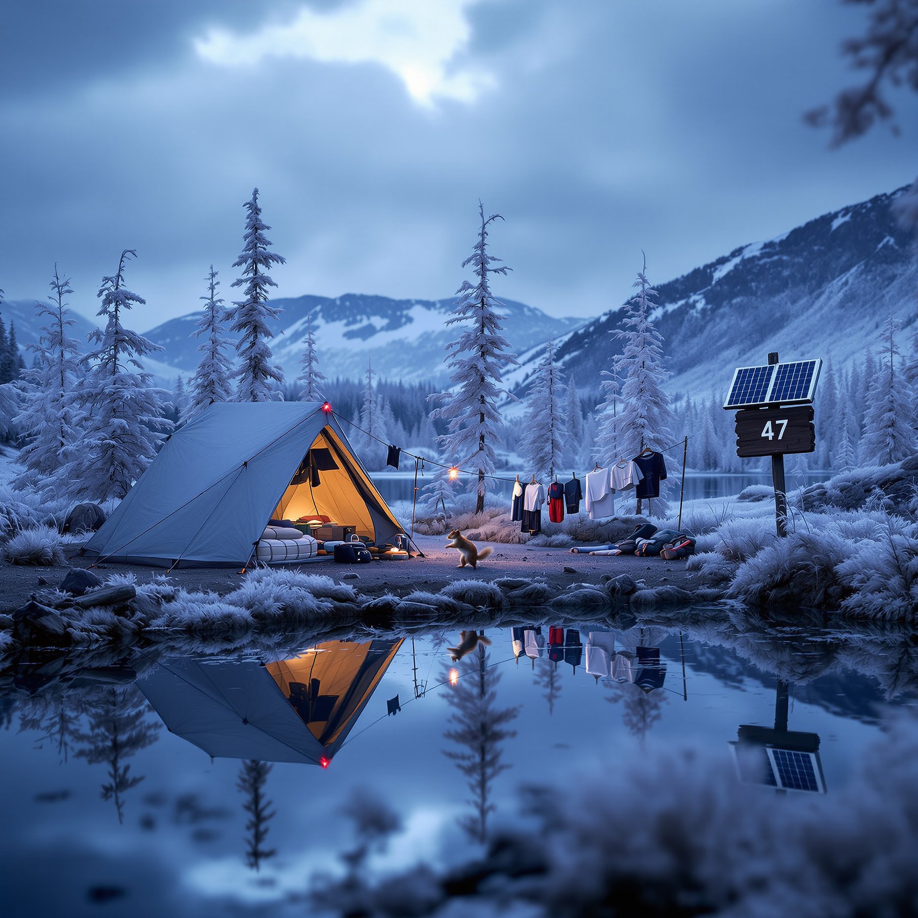 A cozy tent glows beside a calm, reflective lake, surrounded by snowy trees and tall mountains. Clothes hang to dry while a fox explores the campsite. The air feels peaceful and chilly in this winter wonderland.