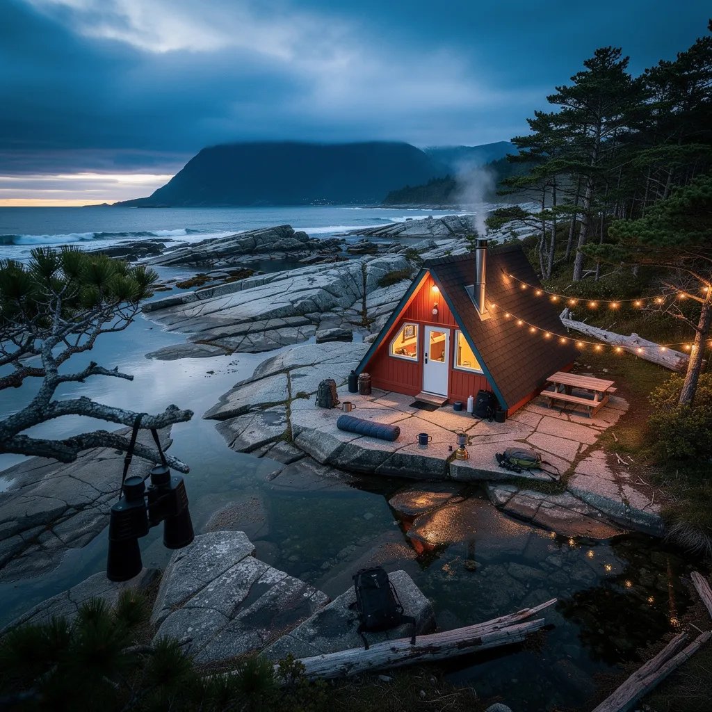A cozy A-frame cabin glows warm in a hidden coastal cove at dusk. Cool blue light washes over wet rocks and calm tide pools that shine like mirrors. String lights twinkle between windy pine trees, and binoculars hang from a low branch near scattered camping gear. Far away, dark mountains rest on the horizon under broken clouds.