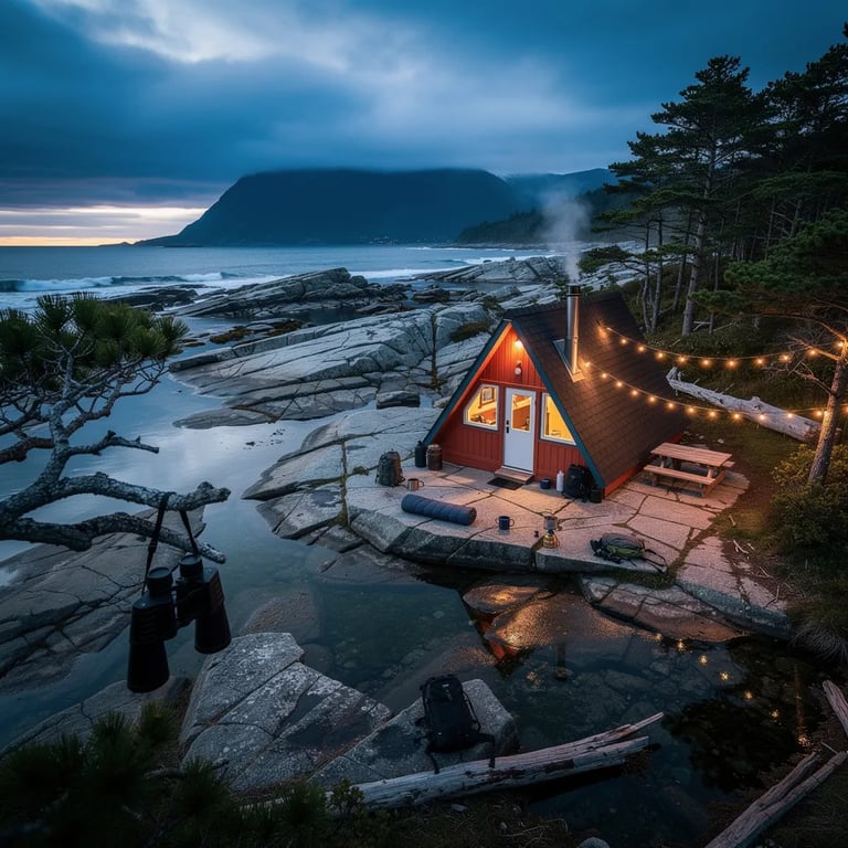 A cozy A-frame cabin glows warm in a hidden coastal cove at dusk. Cool blue light washes over wet rocks and calm tide pools that shine like mirrors. String lights twinkle between windy pine trees, and binoculars hang from a low branch near scattered camping gear. Far away, dark mountains rest on the horizon under broken clouds.