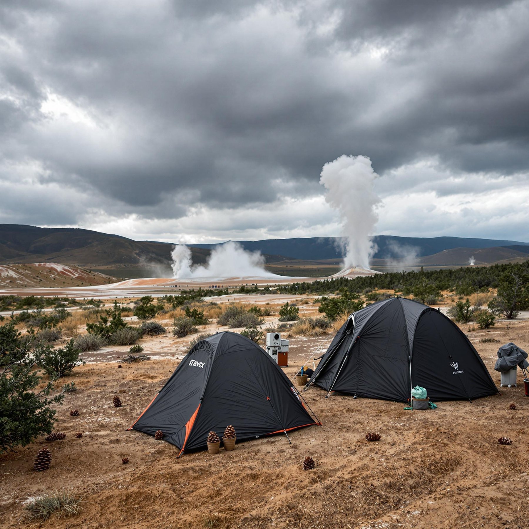 A black tent rests in the rolling New Mexico desert beneath stormy skies. Nearby, a simple outdoor shower stands behind a privacy screen, with pine cones and animal tracks scattered around. In the distance, tall geysers burst from the land.