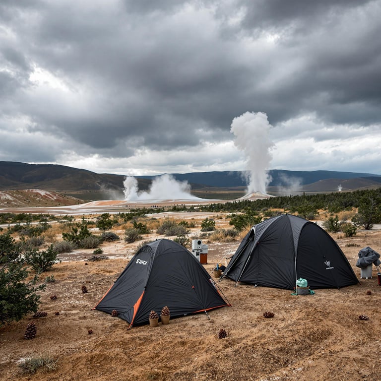 A black tent rests in the rolling New Mexico desert beneath stormy skies. Nearby, a simple outdoor shower stands behind a privacy screen, with pine cones and animal tracks scattered around. In the distance, tall geysers burst from the land.