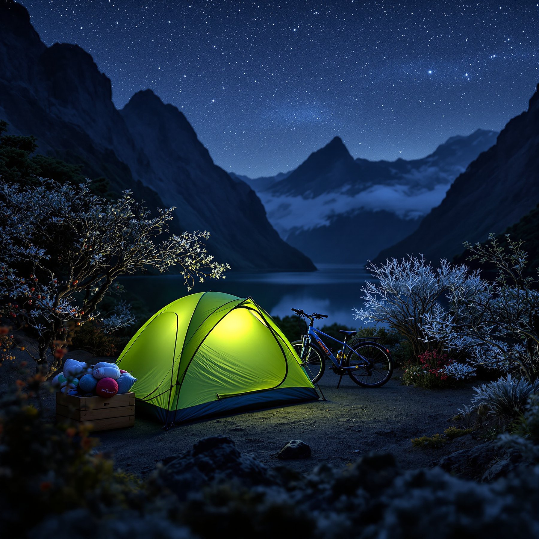 A bright green tent glows under a sky full of stars, surrounded by tall mountains and a quiet lake. A bicycle and a box of camping gear sit nearby, ready for adventure. The campsite feels peaceful and magical at night.