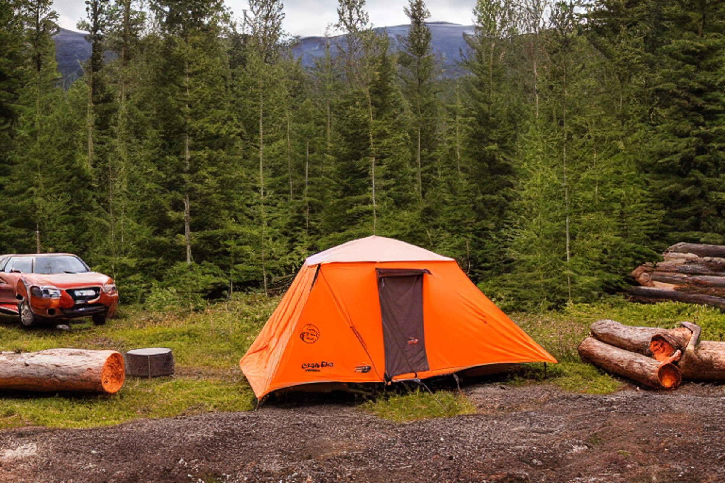 An orange Subaru with its rooftop tent open rests at a peaceful campsite in Norway. Ferns, stone slabs, and a large log surround a small campfire beside the dirt clearing. Warm sunset light fills the sunny scene.