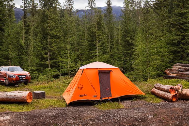 An orange Subaru with its rooftop tent open rests at a peaceful campsite in Norway. Ferns, stone slabs, and a large log surround a small campfire beside the dirt clearing. Warm sunset light fills the sunny scene.